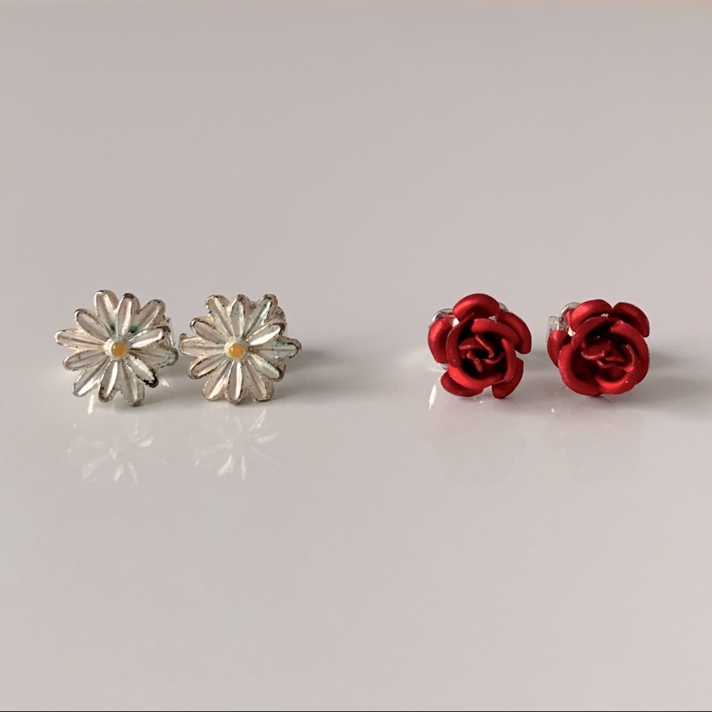 Daisy & Rose Floral Stud Earrings Duo Set - Jewelry, Accessories, Cottagecore